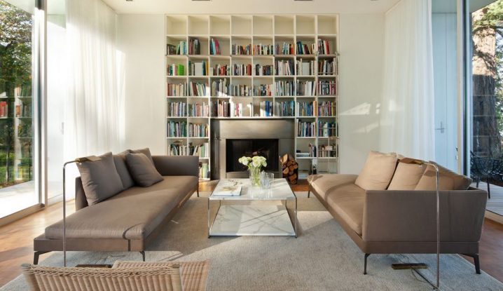 modern-living-room-with-library-and-rectangular-marble-coffee-table-718x415